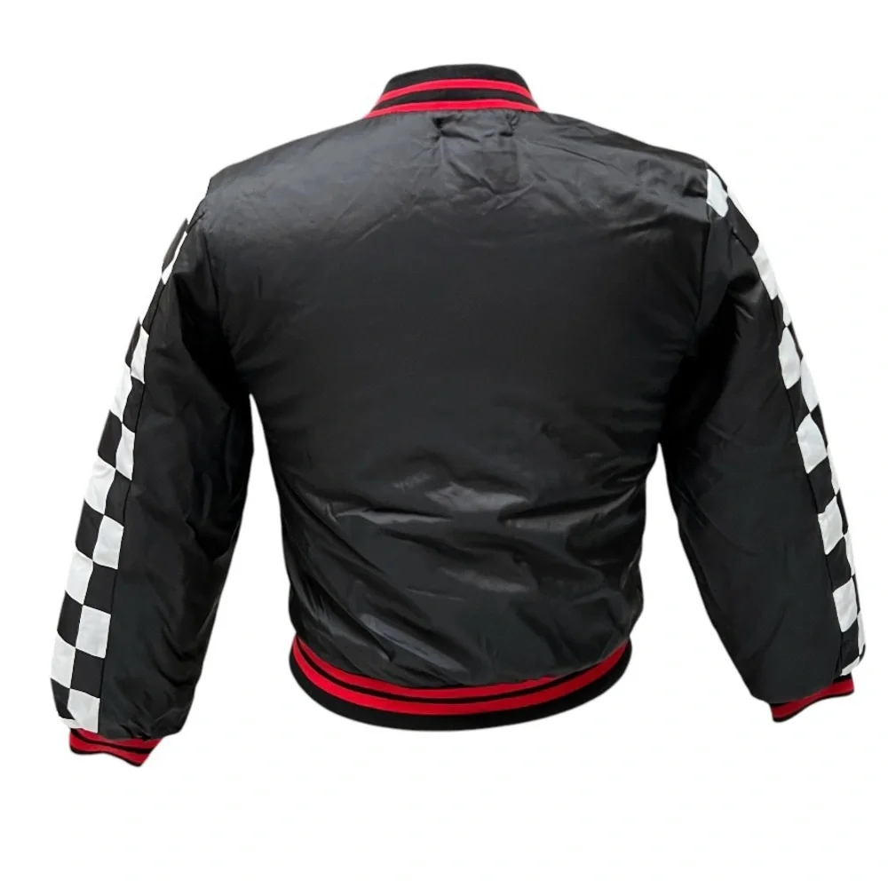GIRLS Brooklyn Racing Moto Bomber Jacket Puffer‎ Black Red Patches Grunge Sporty